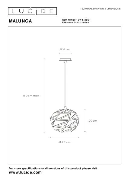 Lucide MALUNGA - Lámpara colgante - Ø 25 cm - 1xE27 - Blanco - técnico